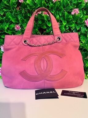 CHANEL Rose Pink Suede Leather Crossbody Shoulder Hand Tote Bag